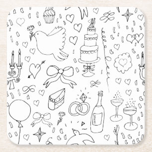 Doodle Illustrations Wedding in Black and White Square Paper Coaster