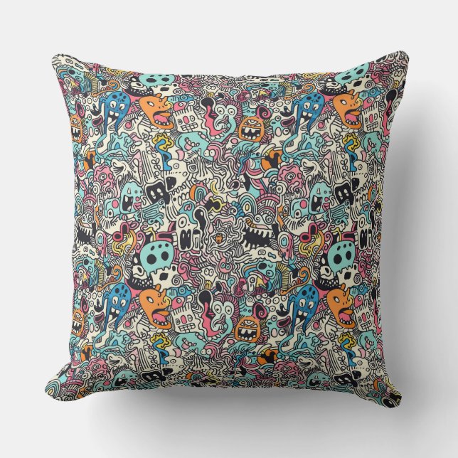 Doodle Invasion Halloween Throw Pillow (Front)