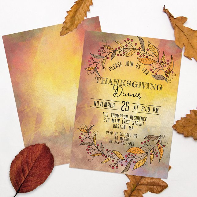 Doodle Leaves and Berries Thanksgiving Dinner Invitation (Creator Uploaded)