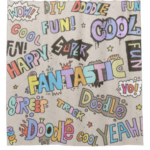 Doodle Lettering Words Cool Fun vintage Hand Drawn Shower Curtain