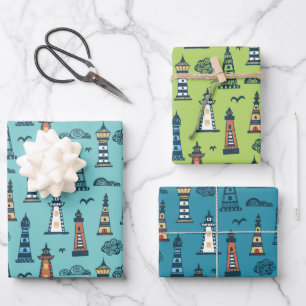 Doodle Lighthouses Wrapping Paper Set of 3