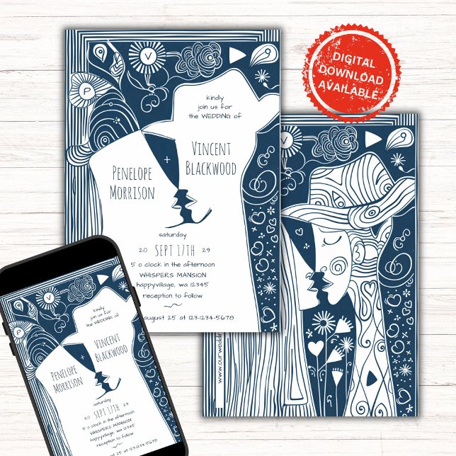 Doodle Line Art Couple Wedding Invitation (Creator Uploaded)