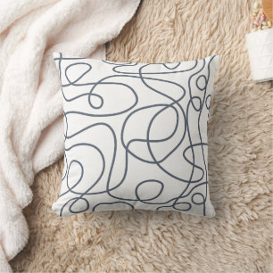 Doodle Line Art Pattern Dark Blue-Grey on White Cushion