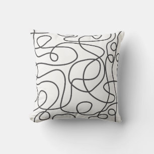 Doodle Line Art Pattern Graphite on White Cushion