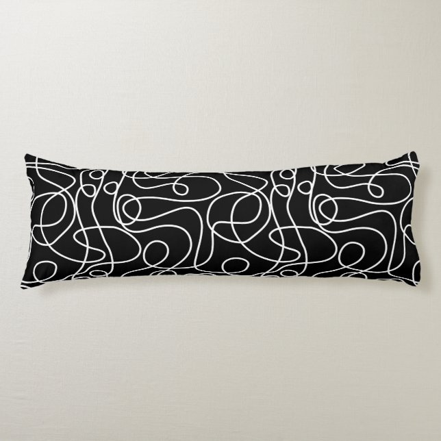Doodle Line Art Pattern | White on Black Body Cushion (Front)