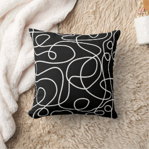 Doodle Line Art Pattern   White on Black Cushion