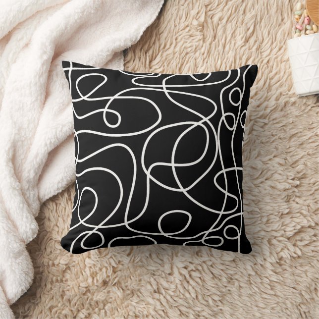 Doodle Line Art Pattern | White on Black Cushion (Blanket)
