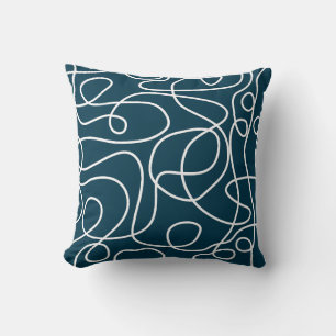 Doodle Line Art Pattern White on Dark Blue-Green Cushion