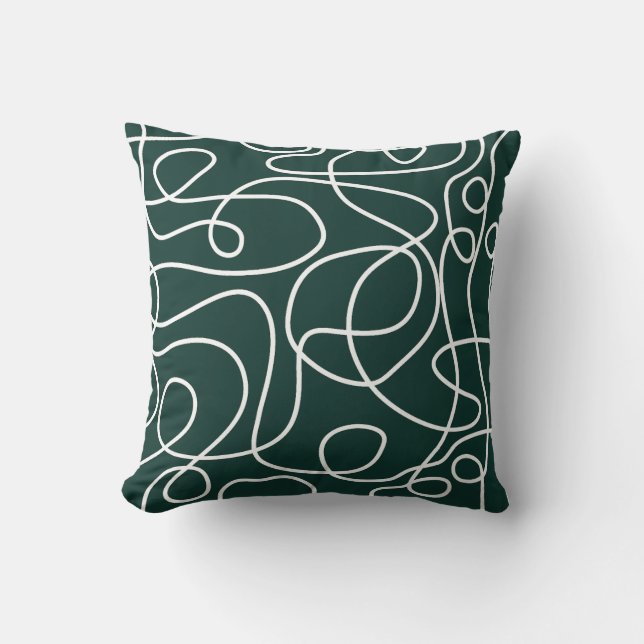 Doodle Line Art Pattern | White on Dark Emerald Cushion (Front)