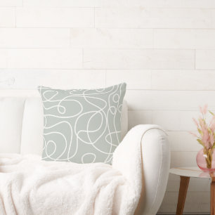 Doodle Line Art Pattern   White on Light GrayGreen Cushion