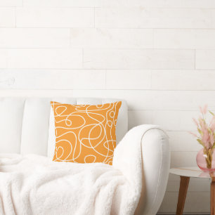 Doodle Line Art Pattern   White on Orange Cushion