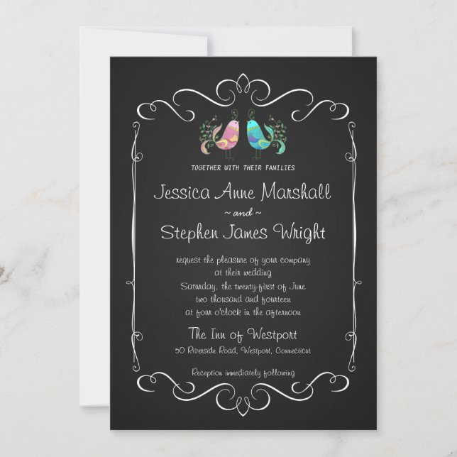 Doodle Lovebirds Chalkboard Wedding Invitation (Front)