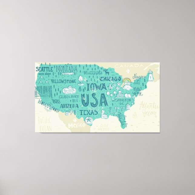 Doodle Map Of USA Canvas Print (Front)