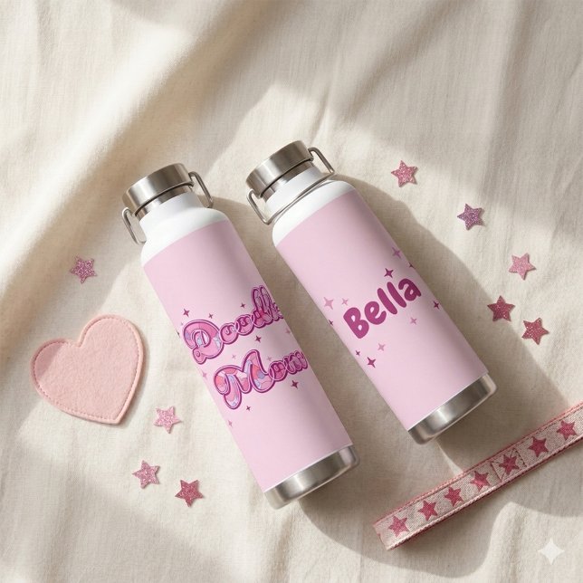 Doodle Mum Pink Hearts Personalised Name Water Bottle (Creator Uploaded)
