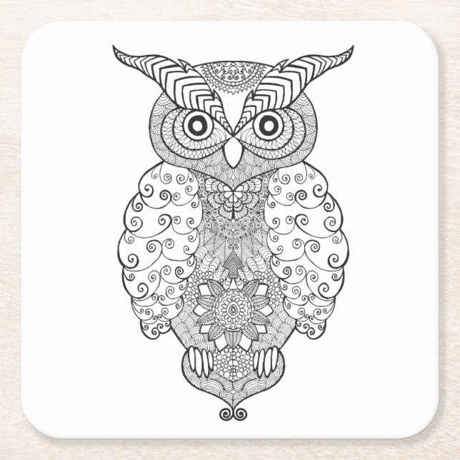 Doodle Owl Square Paper Coaster (Front)