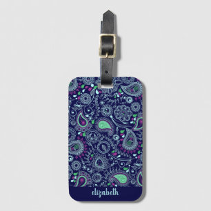 Doodle Paisley Pattern Dark Blue Luggage Tag