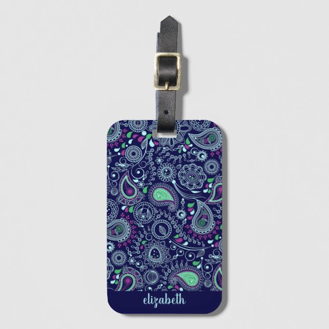 Doodle Paisley Pattern Dark Blue Luggage Tag (Front Vertical)