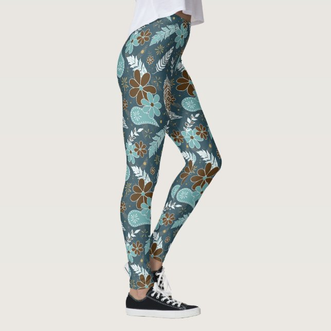 doodle paislies feathers flowers boho pattern teal leggings (Right)