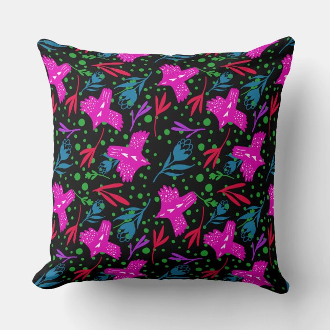 Doodle pattern flowers, leaves birds black backgro cushion (Front)