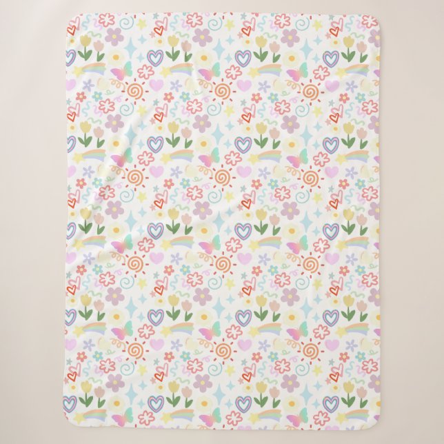 Doodle  pattern pastel shade sherpa blanket (Front)