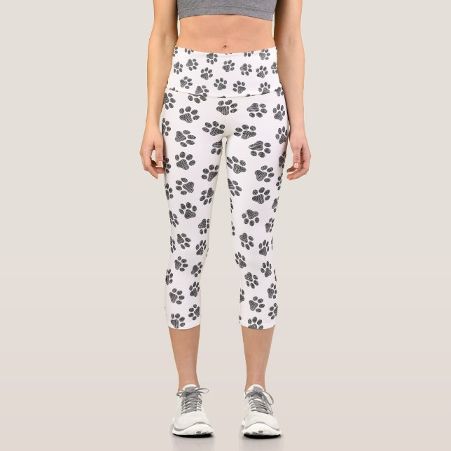 Doodle Paws, Dog Paws, Black Paws Capri Leggings (Front)