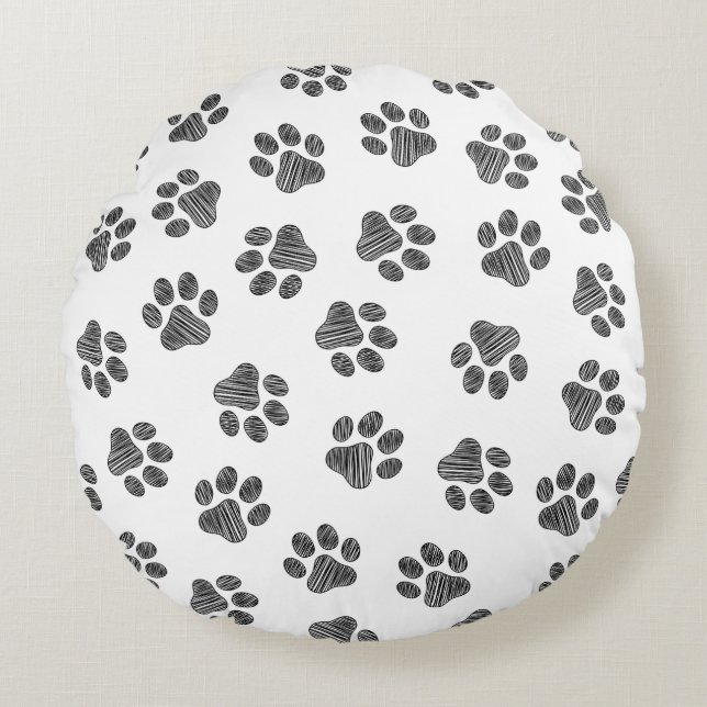 Doodle Paws, Dog Paws, Black Paws Round Cushion (Front)
