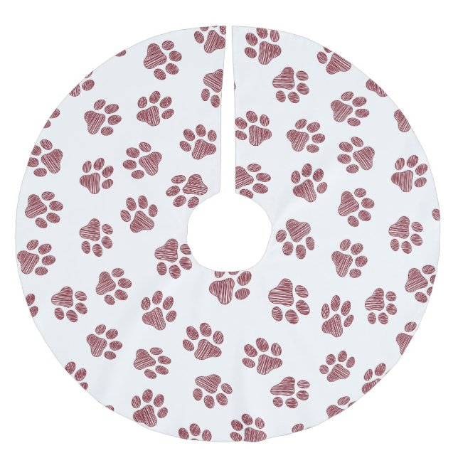Doodle Paws, Dog Paws, Burgundy Paws Brushed Polyester Tree Skirt (Front)