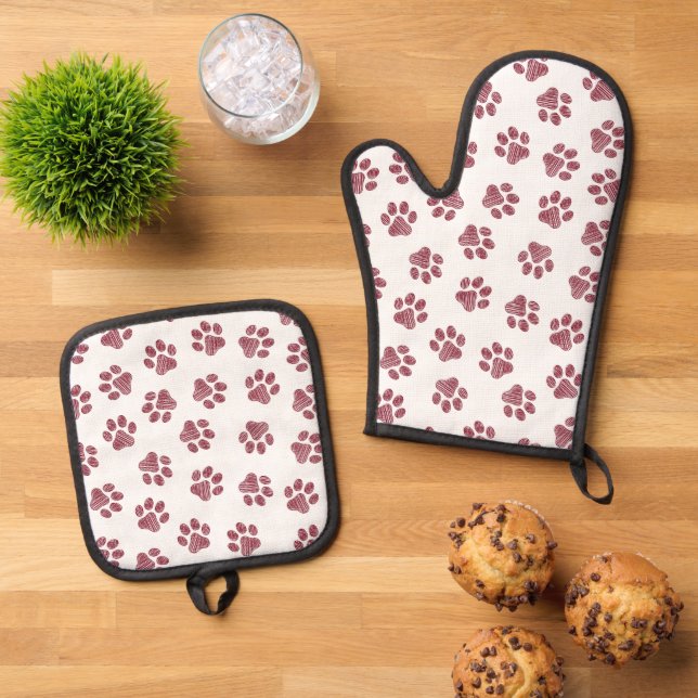 Doodle Paws, Dog Paws, Burgundy Paws Oven Mitt & Pot Holder Set (Top Down)
