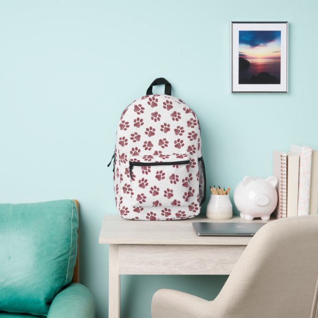 Doodle Paws, Dog Paws, Burgundy Paws Printed Backpack (Insitu)