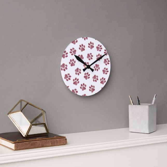 Doodle Paws, Dog Paws, Burgundy Paws Round Clock (Office)