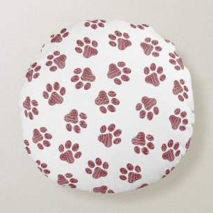 Doodle Paws, Dog Paws, Burgundy Paws Round Cushion