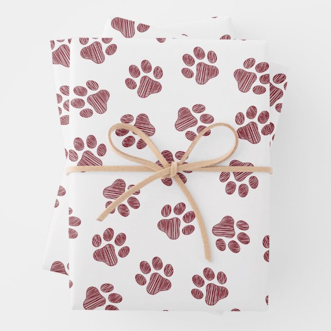 Doodle Paws, Dog Paws, Burgundy Paws Wrapping Paper Sheet (In situ)
