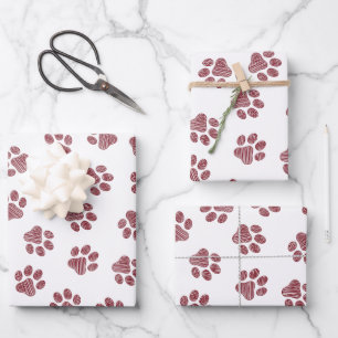Doodle Paws, Dog Paws, Burgundy Paws Wrapping Paper Sheet