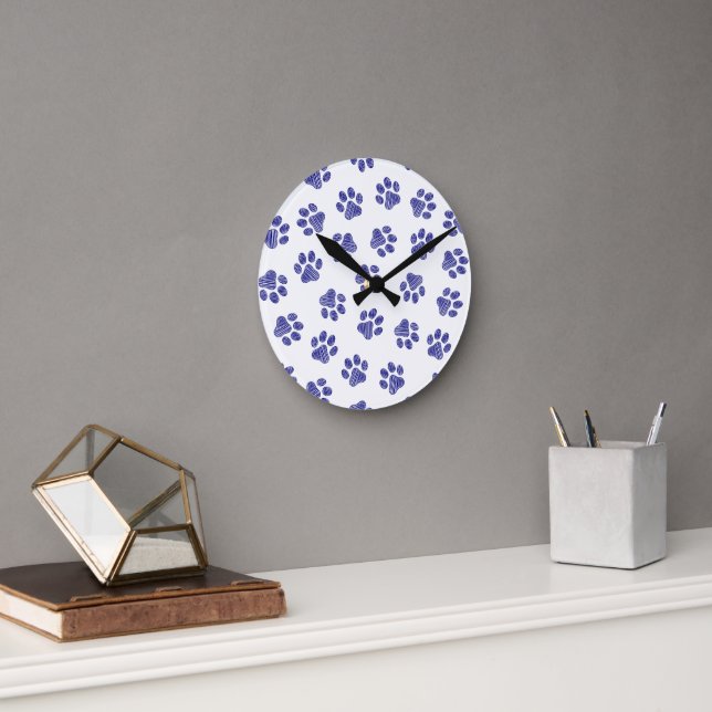 Doodle Paws, Dog Paws, Navy Blue Paws Round Clock (Office)