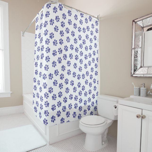 Doodle Paws, Dog Paws, Navy Blue Paws Shower Curtain (In Situ)