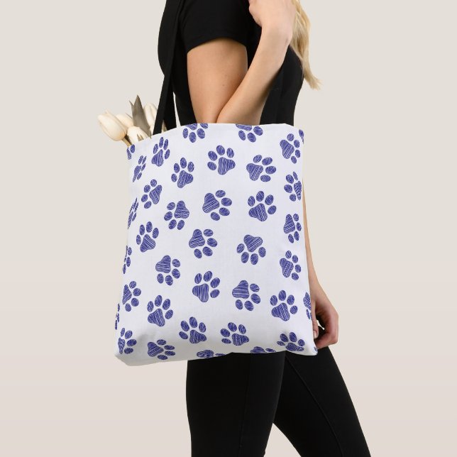 Doodle Paws, Dog Paws, Navy Blue Paws Tote Bag (Close Up)
