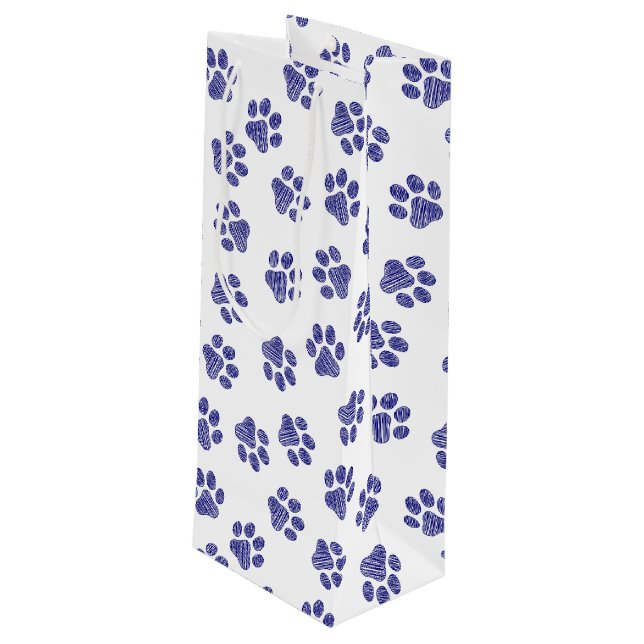Doodle Paws, Dog Paws, Navy Blue Paws Wine Gift Bag (Back Angled)