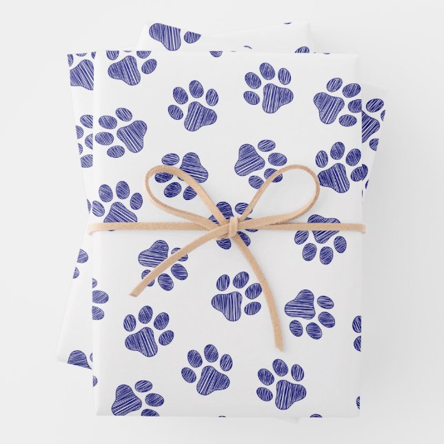 Doodle Paws, Dog Paws, Navy Blue Paws Wrapping Paper Sheet (In situ)