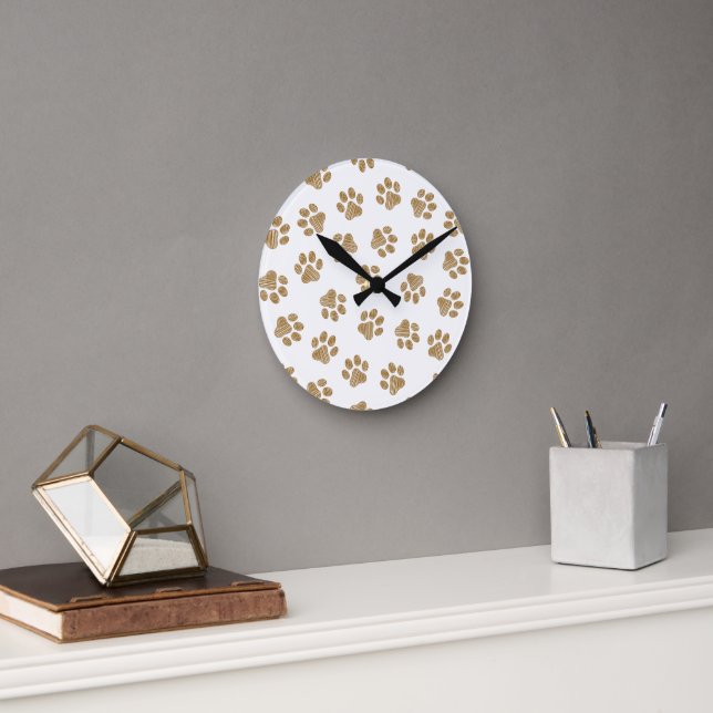Doodle Paws, Dog Paws, Orange Gold Paws Round Clock (Office)