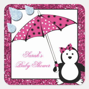 Doodle Penguin Girl Baby Shower Square Sticker