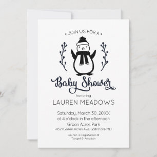 Doodle Penguin Winter Baby Shower Invitation