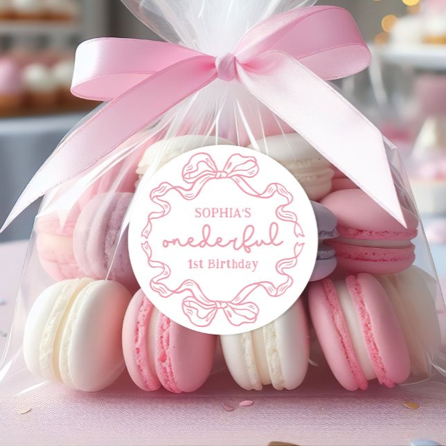 Doodle Pink Bow Baby Girl 1st Birthday Classic Round Sticker (Creator Uploaded)