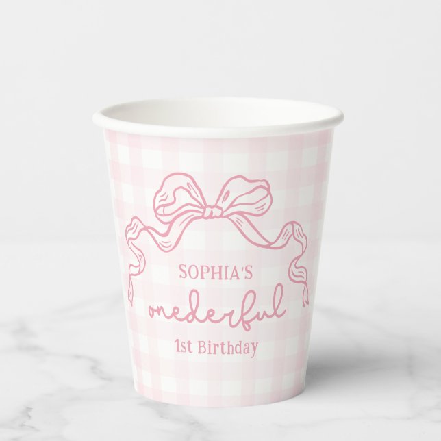 Doodle Pink Bow Baby Girl 1st Birthday Paper Cups (Front)