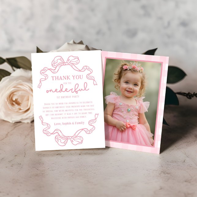 Doodle Pink Bow Baby Girl 1st Birthday Photo Thank You Card (Creator Uploaded)