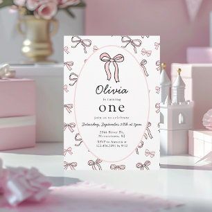 Doodle Pink Bow First Birthday  Invitation