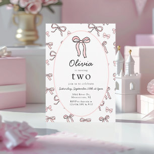 Doodle Pink Bow Second Birthday  Invitation