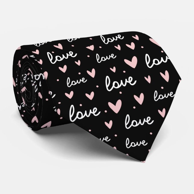 Doodle pink heart love pattern black background tie (Rolled)