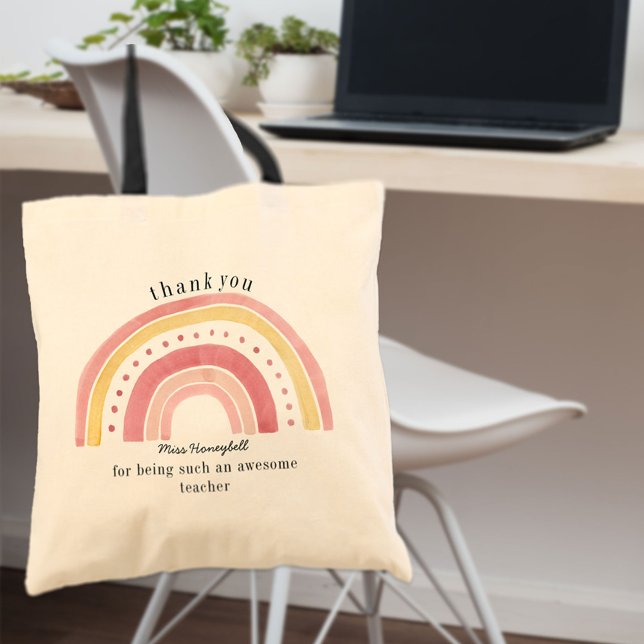 Doodle Pink Rainbow Cute Teacher Thank You Gift Tote Bag (Creator Uploaded)