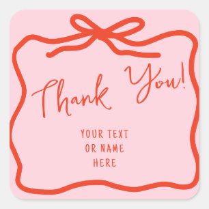 Doodle Pink Red Bow Thank You Typography Square Sticker