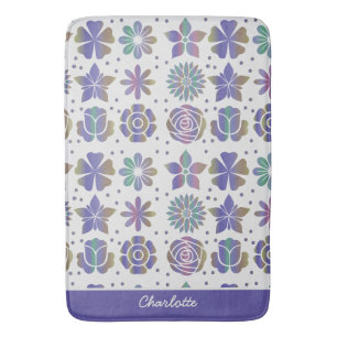 Doodle purple floral pattern personalised name bath mat